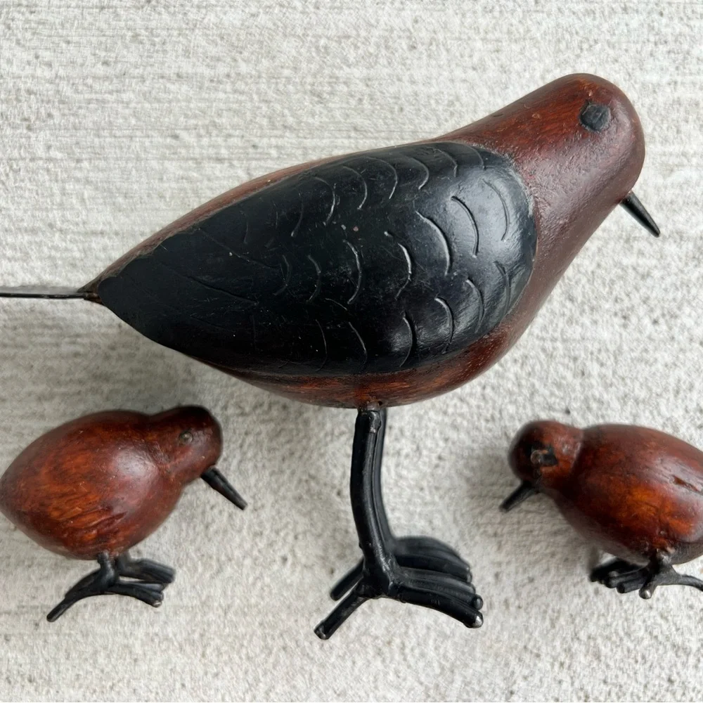 Vintage Hand-Carved Wooden Bird Family – Set of 3 – Mid Century Folk Art Decor